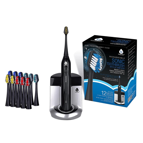 Brosse à dents rechargeable sonique de luxe plus de Pursonic avec assainisseur UV intégré - Noir