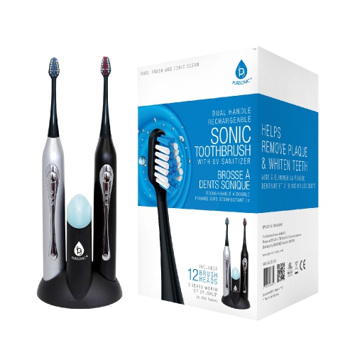 Brosse à dents sonique à deux poignées avec assainisseur UV de Pursonic - Noir et argenté