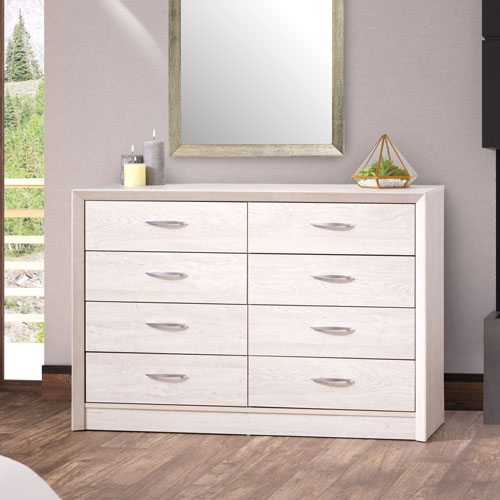 CORLIVING  Newport Modern 8-Drawer Dresser - Washed Oak In White Drawers open/close smoothly