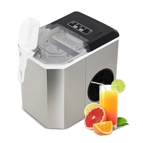 Countertop Ice Maker, Portable Stainless Steel Machine with Scoop Holder, Self-Cleaning, 26Lbs in 24Hrs, 9 Cubes in 6 Mins, 2 Sizes of Bullet Ice Cub