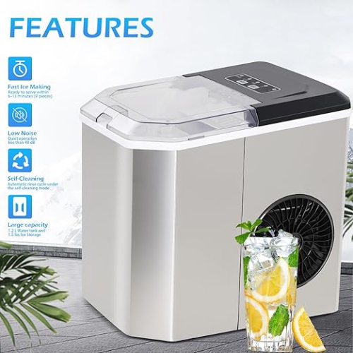 Countertop Ice Maker, Portable Stainless Steel Machine with Scoop Holder, Self-Cleaning, 26Lbs in 24Hrs, 9 Cubes in 6 Mins, 2 Sizes of Bullet Ice