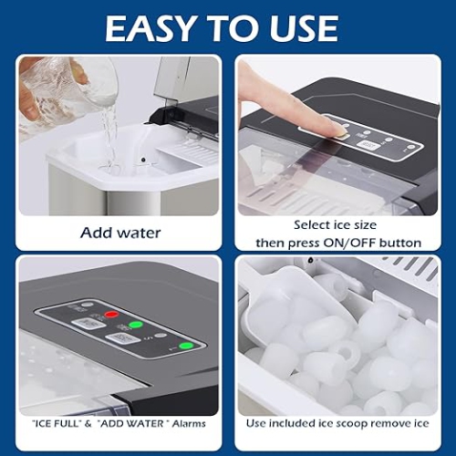 Countertop Ice Maker, Portable Stainless Steel Machine with Scoop Holder, Self-Cleaning, 26Lbs in 24Hrs, 9 Cubes in 6 Mins, 2 Sizes of Bullet Ice