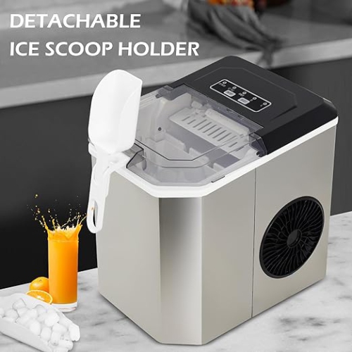 Countertop Ice Maker, Portable Stainless Steel Machine with Scoop Holder, Self-Cleaning, 26Lbs in 24Hrs, 9 Cubes in 6 Mins, 2 Sizes of Bullet Ice