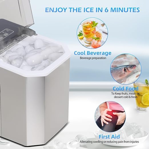 Countertop Ice Maker, Portable Stainless Steel Machine with Scoop Holder, Self-Cleaning, 26Lbs in 24Hrs, 9 Cubes in 6 Mins, 2 Sizes of Bullet Ice