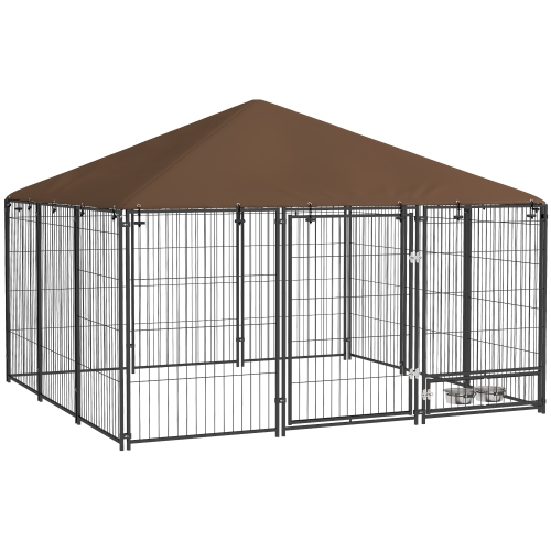 PAWHUT  Dog Run, 6.9' X 6.9' X 5' Outdoor Dog Kennel With Canopy, Rotating Bowls, Door for Backyard & Garden, Coffee