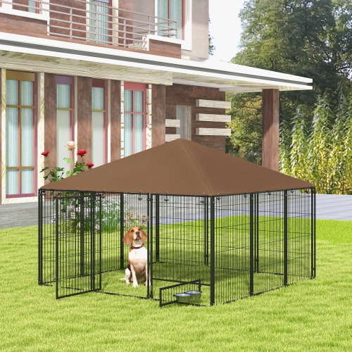 PawHut – Grand parcours pour chien, chenil extérieur de 6,9 x 6,9 x 5 pi avec auvent, bols pivotants, porte pour la cour et le jardin, café