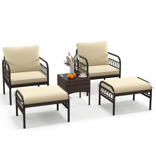 Gymax 5PCS Wicker Furniture Set PE Rattan Chair Set w/ Ottomans & Coffee Table Patio
