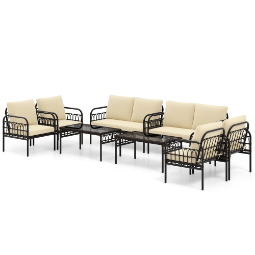 GYMAX  8PCs Furniture Set Outdoor Wicker Conversation Bistro Set W/ Soft Cushions Patio