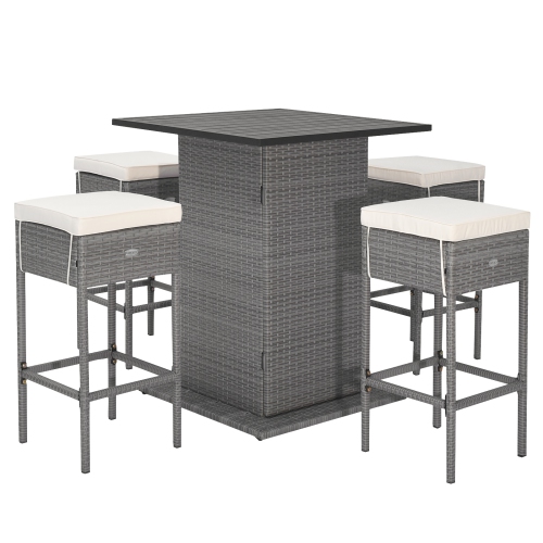 Gymax 5PCS Wicker Bar Table Set w/ Hidden Storage Shelves Bar Table Stools Patio