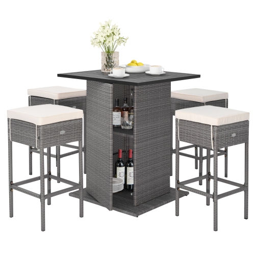 Gymax 5PCS Wicker Bar Table Set w/ Hidden Storage Shelves Bar Table Stools Patio