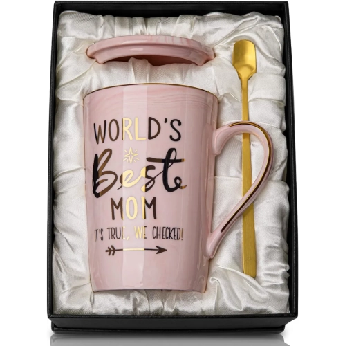 Mother's Day Funny Mug: 'World's Best Mom' Printed in Gold - Ideal Birthday Presents, 14OZ Pink Marble Ceramic Coffee Cup with Lid, Nicely Gift-Boxed!