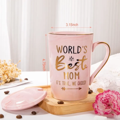 Mother's Day Funny Mug: 'World's Best Mom' Printed in Gold - Ideal Birthday Presents, 14OZ Pink Marble Ceramic Coffee Cup with Lid, Nicely Gift-Boxed!
