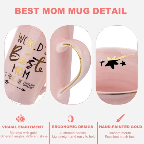 Mother's Day Funny Mug: 'World's Best Mom' Printed in Gold - Ideal Birthday Presents, 14OZ Pink Marble Ceramic Coffee Cup with Lid, Nicely Gift-Boxed!