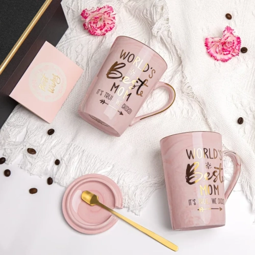 Mother's Day Funny Mug: 'World's Best Mom' Printed in Gold - Ideal Birthday Presents, 14OZ Pink Marble Ceramic Coffee Cup with Lid, Nicely Gift-Boxed!
