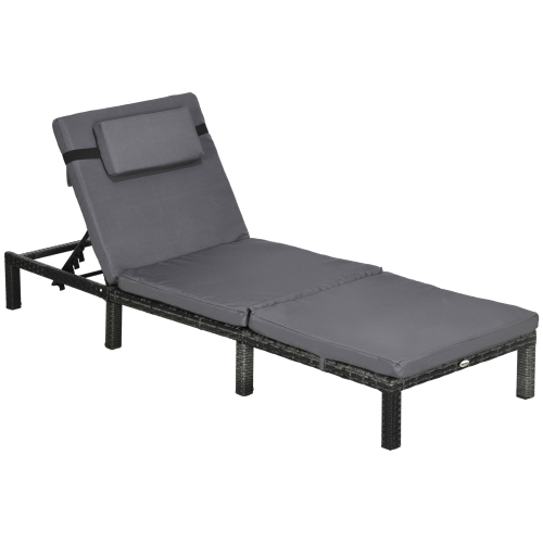 Outsunny Patio Lounger, 5-Level Adjustable Outdoor Chaise Lounge, Rattan Lounge Chair with Reclining Back, Headrest for Poolside, Garden, Dark Grey