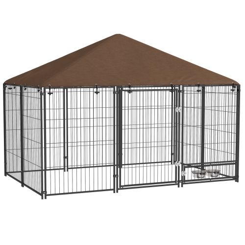 PAWHUT  Dog Run, 6.9' X 4.6' X 5' Outdoor Dog Kennel With Canopy, Rotating Bowls, Door for Backyard & Garden, Coffee