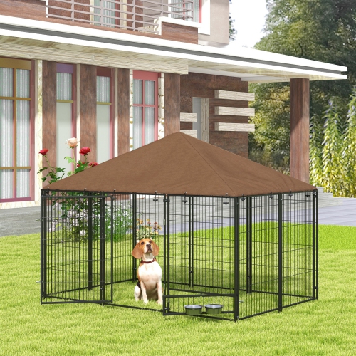 PawHut Large Dog Run, 6.9' x 4.6' x 5' Outdoor Dog Kennel with Canopy, Rotating Bowls, Door for Backyard & Garden, Coffee