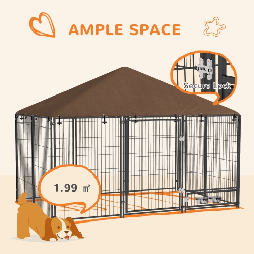 PawHut Large Dog Run, 6.9' x 4.6' x 5' Outdoor Dog Kennel with Canopy, Rotating Bowls, Door for Backyard & Garden, Coffee