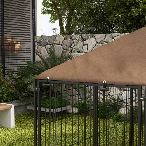 PawHut Large Dog Run, 6.9' x 4.6' x 5' Outdoor Dog Kennel with Canopy, Rotating Bowls, Door for Backyard & Garden, Coffee