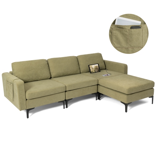 COSTWAY  Modular L-Shaped Sectional Sofa USB Sofa W/ Reversible Chaise & 2 USB Ports Green