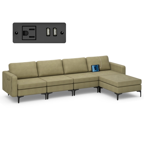 COSTWAY  Modular L-Shaped Sectional Sofa USB Sofa W/ Reversible Chaise & 2 USB Ports Green