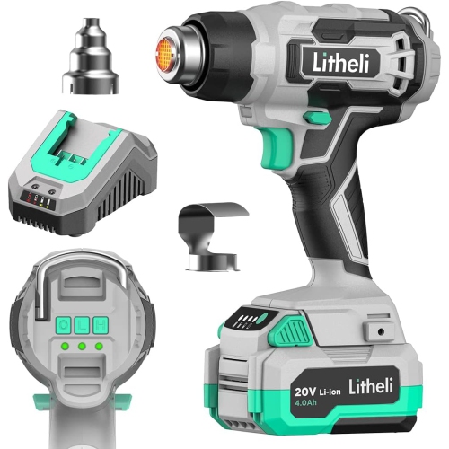 LITHELI  20V Cordless Heat Gun, Hot Air Gun Kit Portable, 3 Temperatures Max With 4Ah Battery & Charger