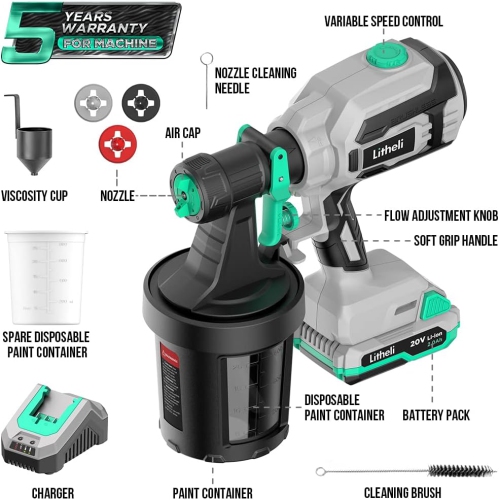 Litheli HVLP Paint Sprayer with Brushless Motor, 20V Paint Sprayers for Home Interior and Exterior, Cordless Paint Gun for Car, Deck, Furniture, with