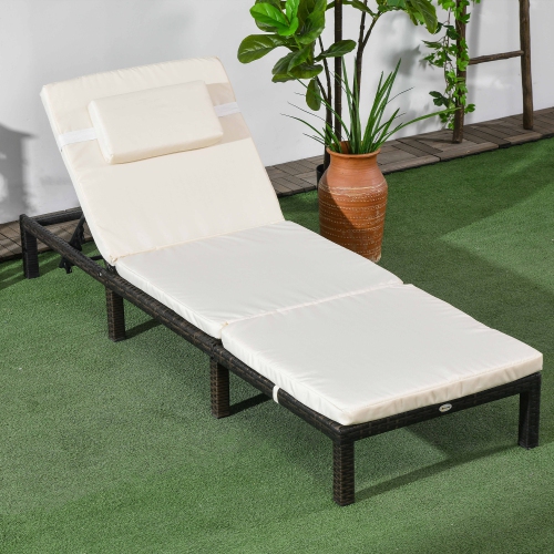 Outsunny Patio Lounger, 5-Level Adjustable Outdoor Chaise Lounge, Rattan Lounge Chair with Reclining Back, Headrest for Poolside, Garden, Cream White