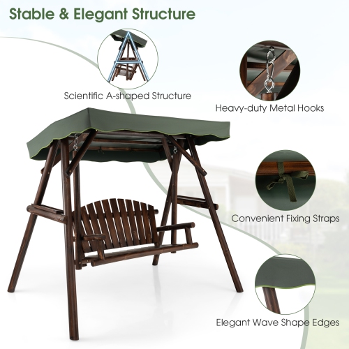 Gymax 2 Person Wooden Garden Swing Bench Chair w/ Adjustable Cover for Garden Porch