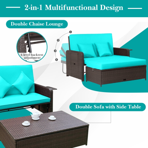Gymax Rattan Loveseat Set Daybed Lounge Storage Ottoman Side Tables Adjust Patio