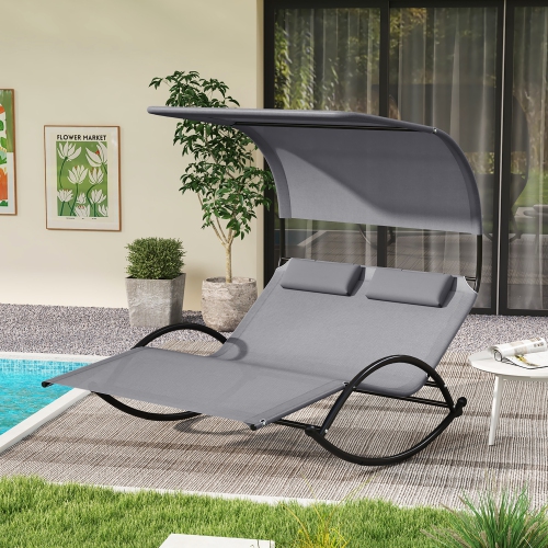 Gymax Outdoor Double Chaise Rocker Rocking Daybed Sun Lounger w/ Sun Shade Canopy
