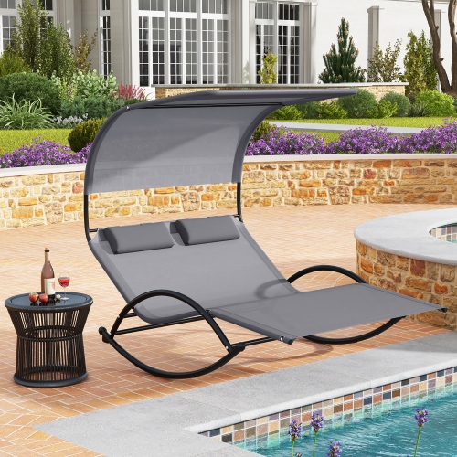 Gymax Outdoor Double Chaise Rocker Rocking Daybed Sun Lounger w/ Sun Shade Canopy