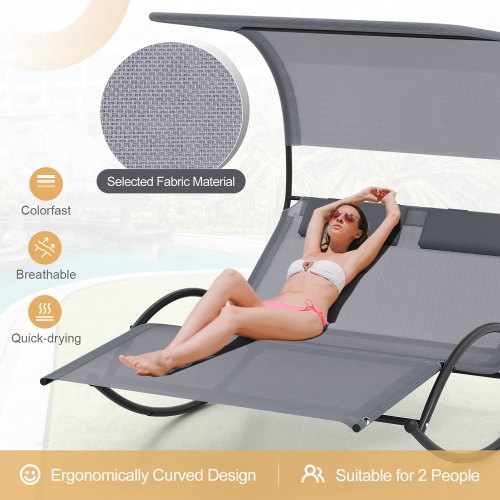 Gymax Outdoor Double Chaise Rocker Rocking Daybed Sun Lounger w/ Sun Shade Canopy