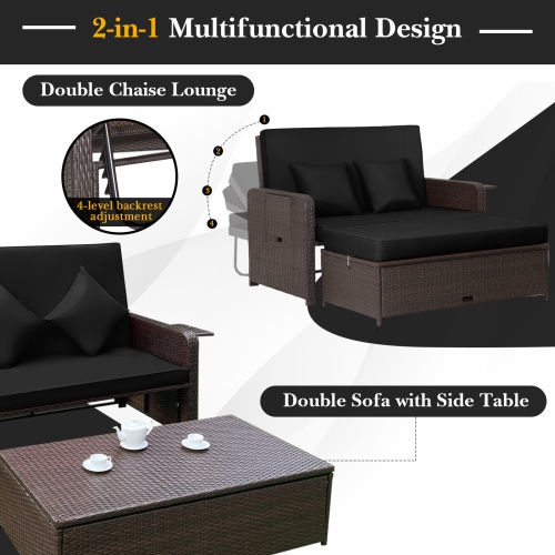 Gymax Rattan Loveseat Set Daybed Lounge Storage Ottoman Side Tables Adjust Patio Black