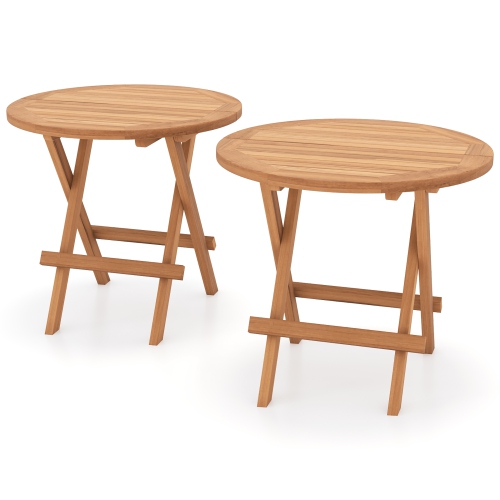 GYMAX  2PCs Table Indonesia Teak Wood Round Slatted Tabletop Portable Camping Folding Side Patio