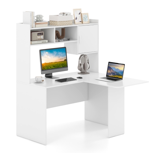 GYMAX  L-Shaped Desk W/ Open Storage Hutch Corner Computer Desk W/ Shelves & Cabinet