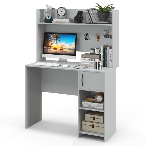 GYMAX  Computer Desk Home Office Desk W/ Raised Display Shelf & 2 Open Shelves In Gray