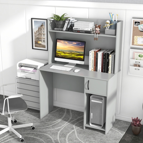 Gymax Computer Desk Home Office Desk w/ Raised Display Shelf & 2 Open Shelves Gray