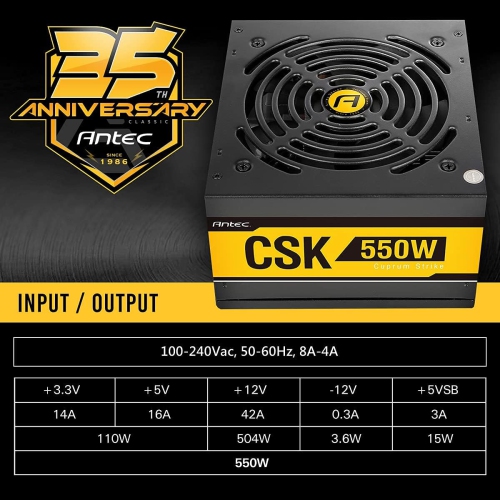 Antec Bronze Power Supply, CSK 550W 80+ Bronze Certified PSU, Continuous Power with 120mm Silent Cooling Fan, ATX 12V 2.31 / EPS 12V, Bronze Power
