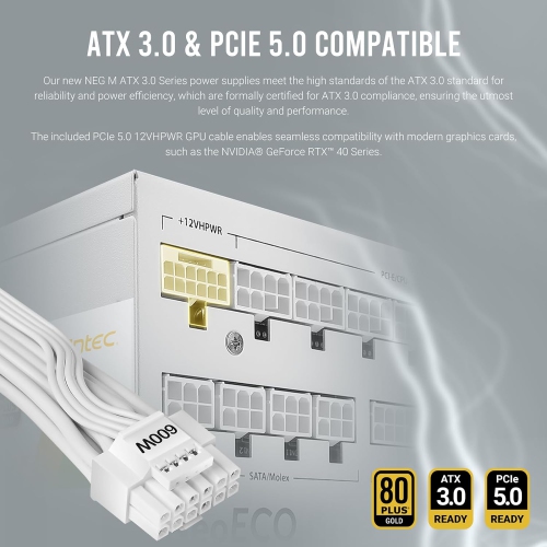 ANTEC NE1000G M White ATX3.0, 1000W Full Modular PSU, 80 Plus Gold, PCIE 5.0 Support, PhaseWave Design, Japanese Caps, Zero RPM Manager, Silent 120mm