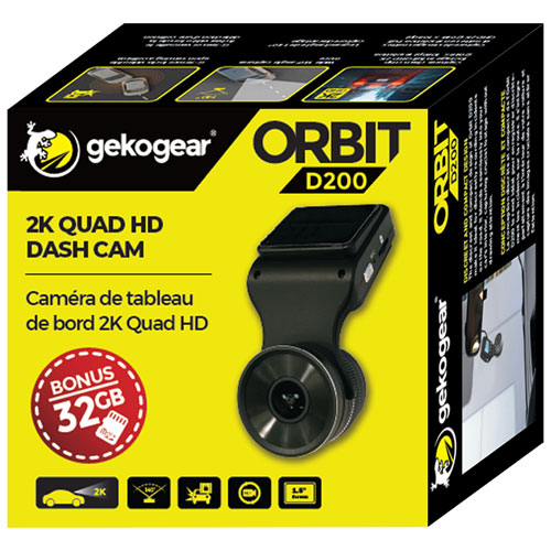 Caméra de tableau de bord 2K Quad HD Wi-Fi Orbit D200 de GekoGear avec écran ACL 1,5 po et carte microSD 32 Go