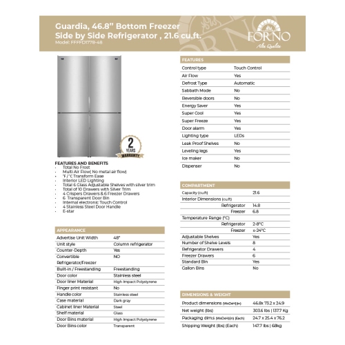 Forno Guardia 23.4-Inch Bottom Freezer Refrigerator Left Swing Stainless Steel, 10.8 cu.ft.
