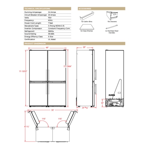 Forno Guardia 23.4-Inch Bottom Freezer Refrigerator Left Swing Stainless Steel, 10.8 cu.ft.