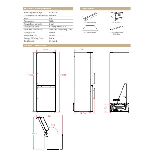 Forno Guardia 23.4-Inch Bottom Freezer Refrigerator Right Swing Stainless Steel, 10.8 cu.ft.