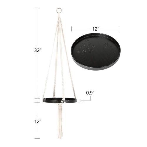 Macrame – Support à plantes, support à pot suspendu pour jardinière d’intérieur avec plateau en bois, décoration pour la maison Boho