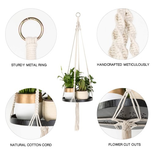 Macrame – Support à plantes, support à pot suspendu pour jardinière d’intérieur avec plateau en bois, décoration pour la maison Boho