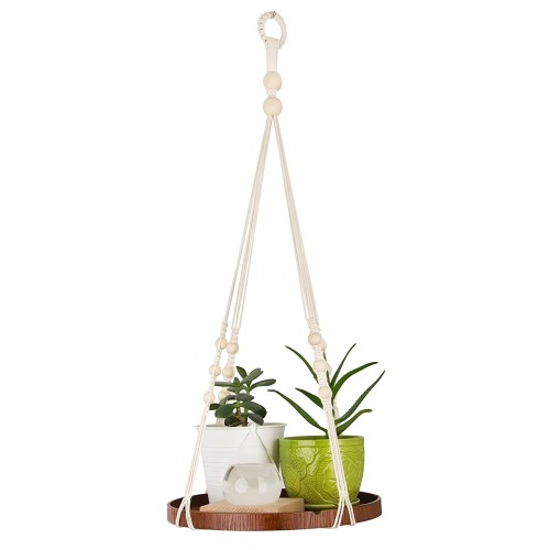 Macrame Plant Hanger, Indoor Hanging Planter Shelf Pot Holder with Wood Tray, Boho Home Decor