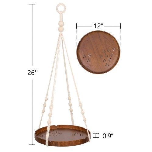 Macrame Plant Hanger, Indoor Hanging Planter Shelf Pot Holder with Wood Tray, Boho Home Decor