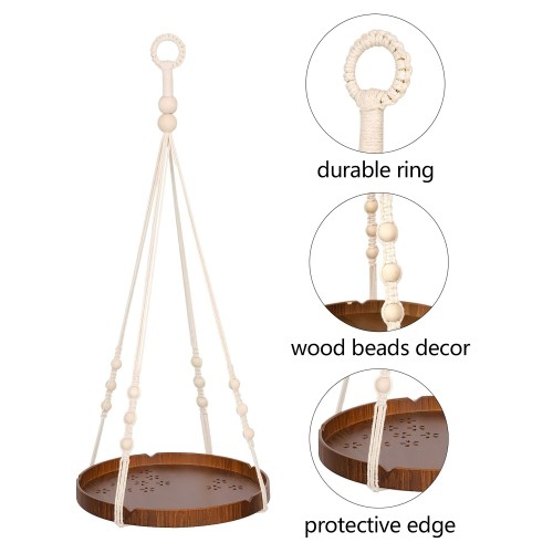 Macrame Plant Hanger, Indoor Hanging Planter Shelf Pot Holder with Wood Tray, Boho Home Decor