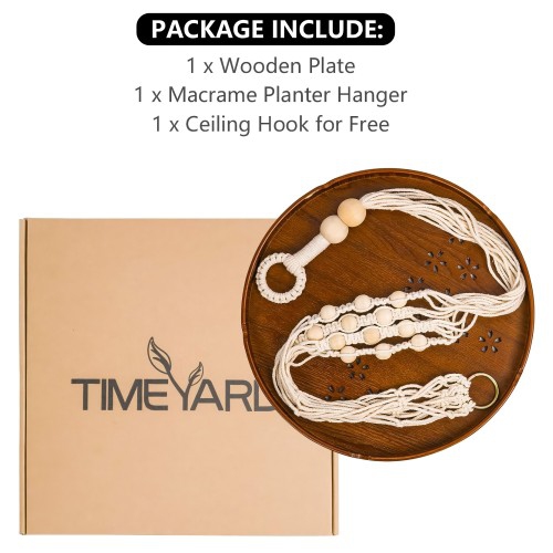 Macrame Plant Hanger, Indoor Hanging Planter Shelf Pot Holder with Wood Tray, Boho Home Decor